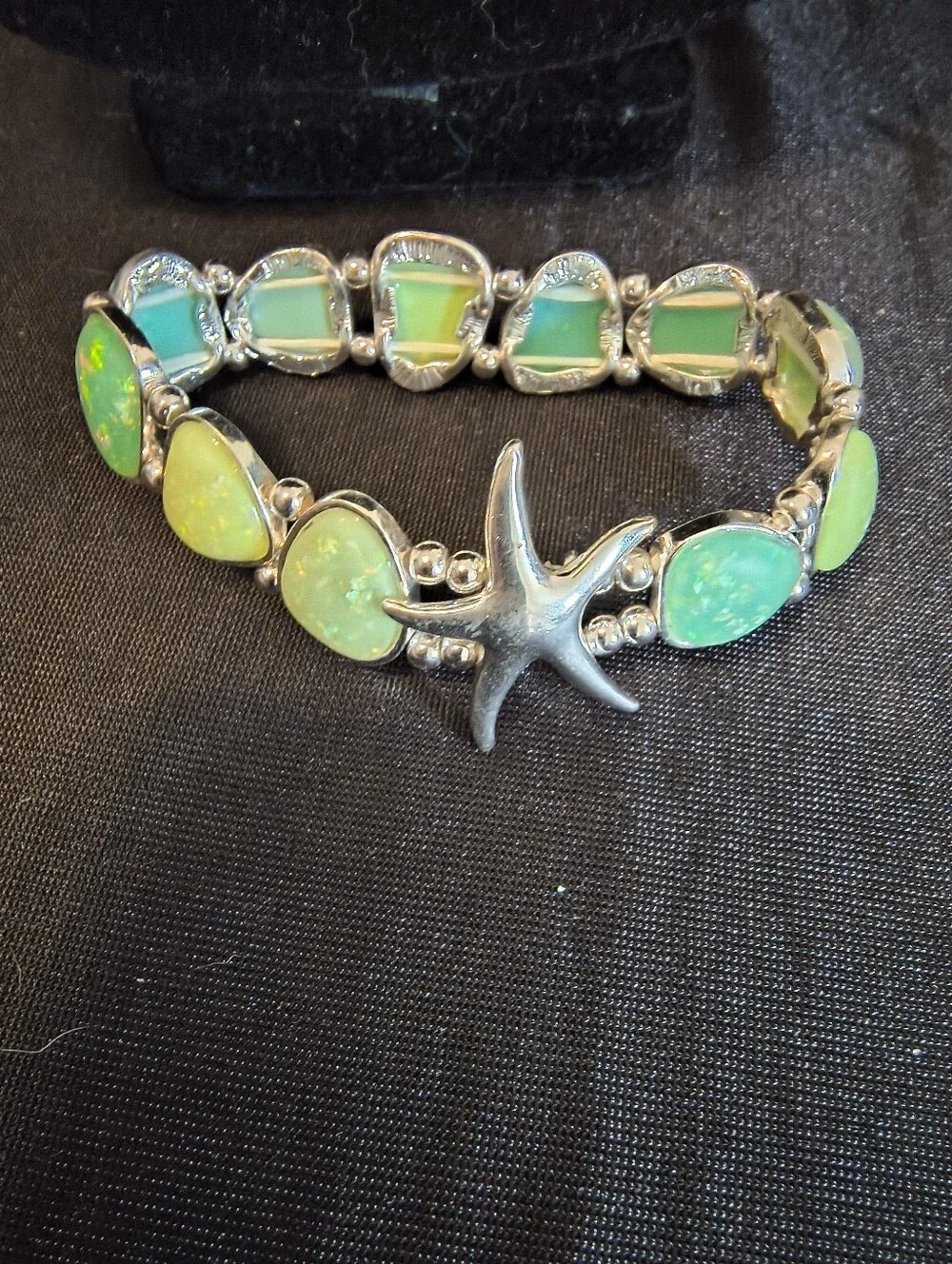 Sea Glass Starfish Bracelet 14K White Gold Plated Coastal Stretch NWOT
